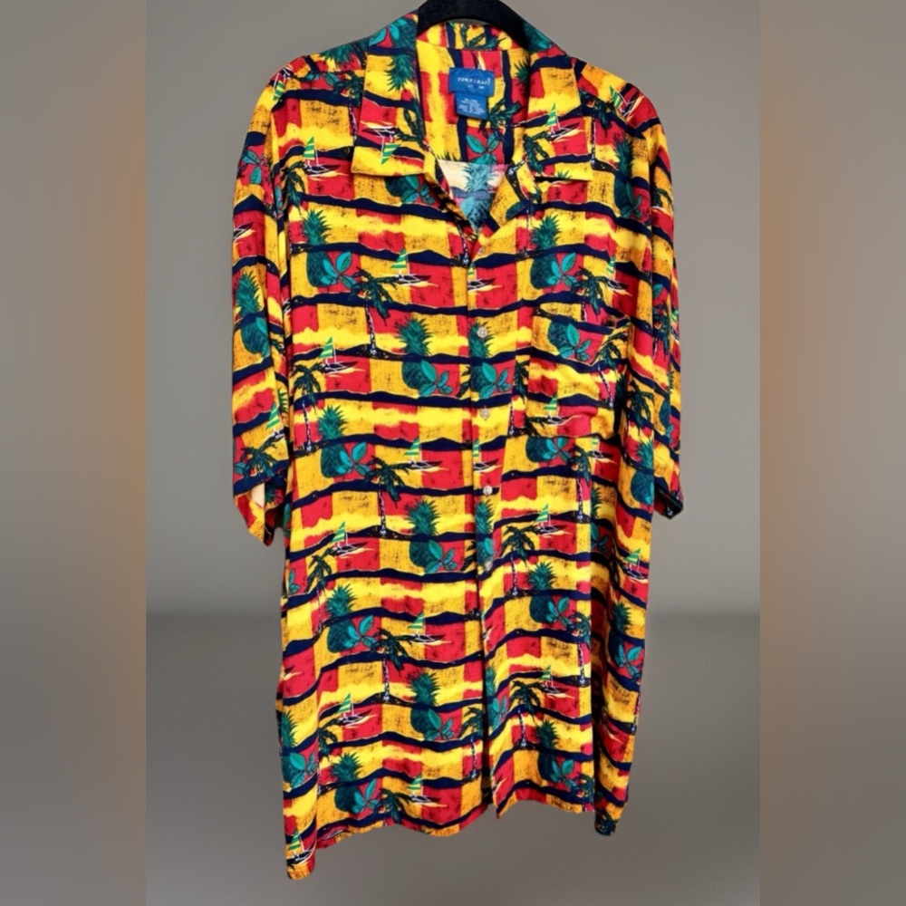 Town Craft Mens Short Sleeve Button Up Shirt Multicolor Abstract Hawaiian XL